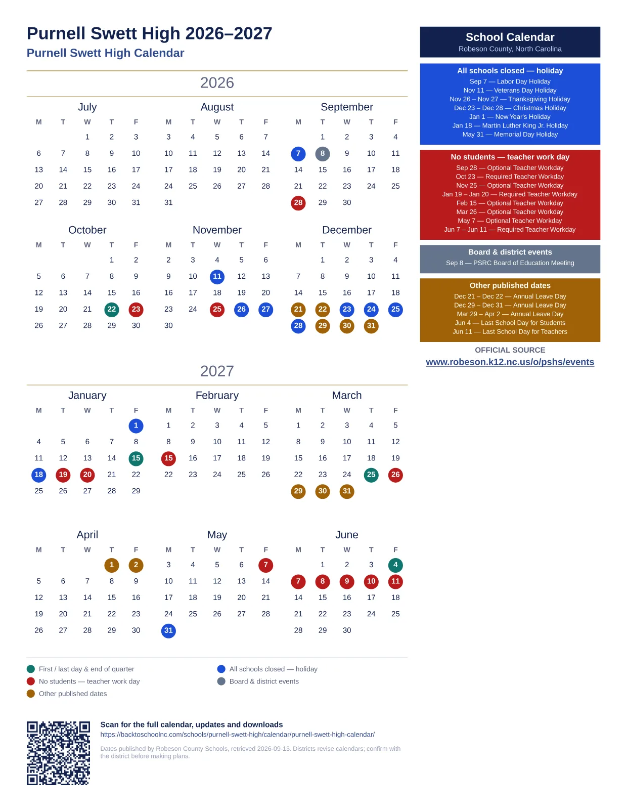Purnell Swett High  printable calendar