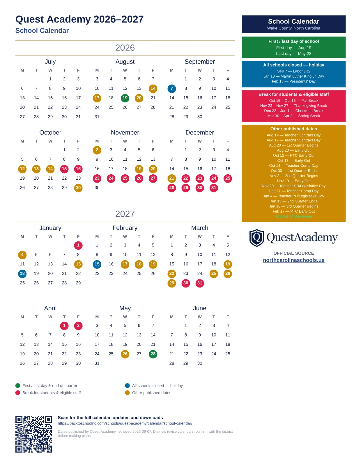 Quest Academy School Calendar 2026–2027 printable calendar