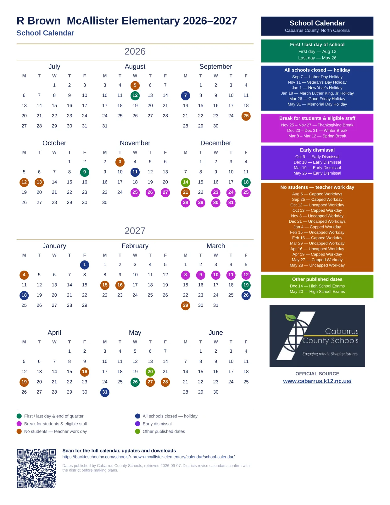 R Brown  McAllister Elementary 2026–2027 printable calendar