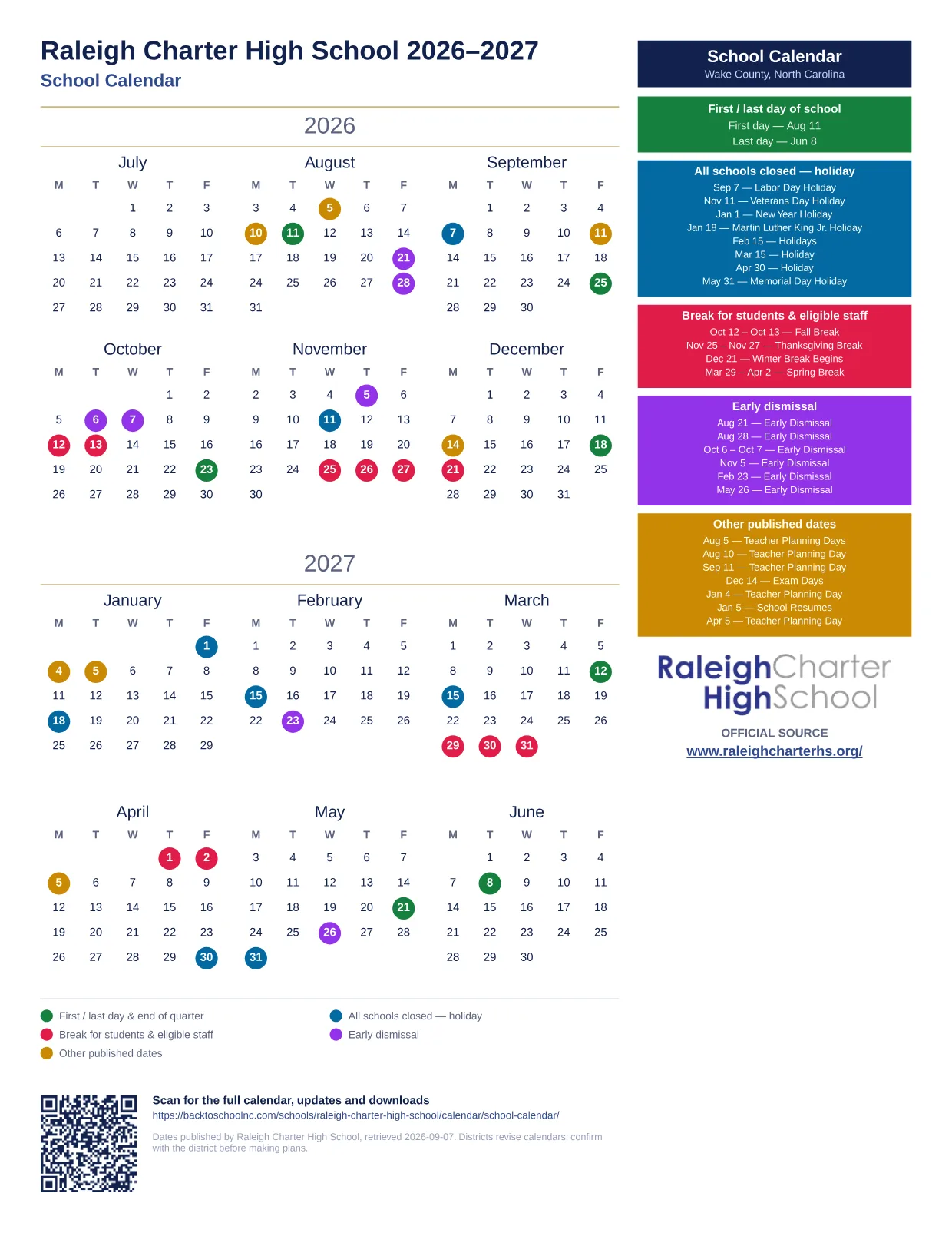 Raleigh Charter High School School Calendar 2026–2027 printable calendar