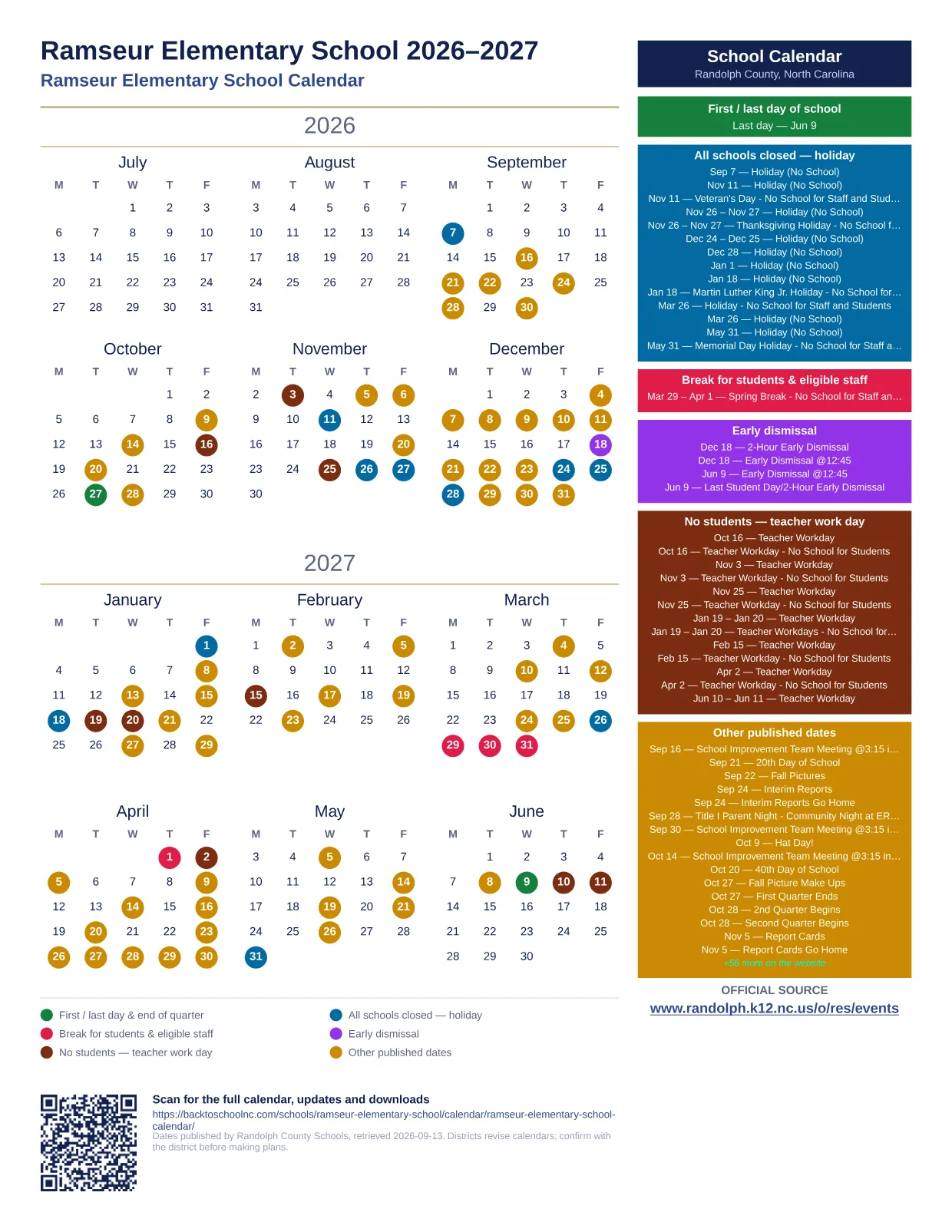Ramseur Elementary School  printable calendar