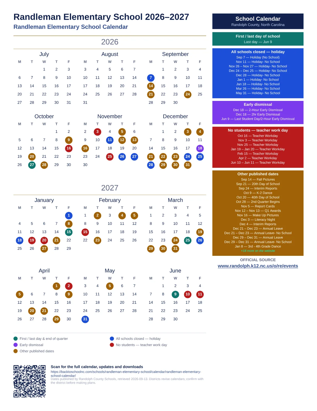 Randleman Elementary School  printable calendar