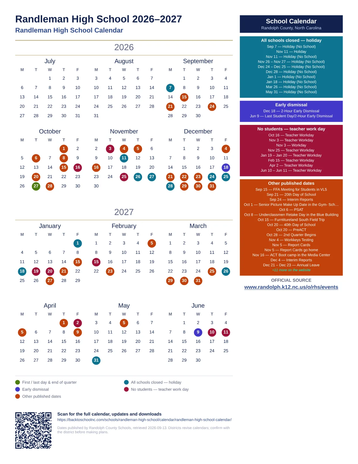 Randleman High School  printable calendar