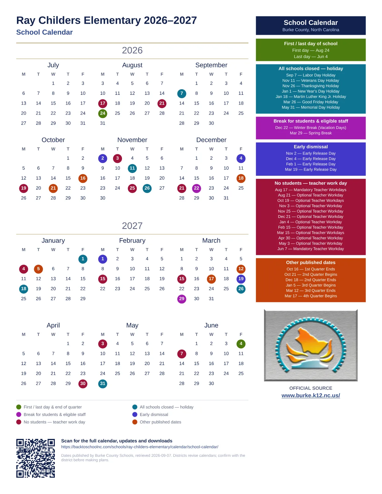 Ray Childers Elementary 2026–2027 printable calendar