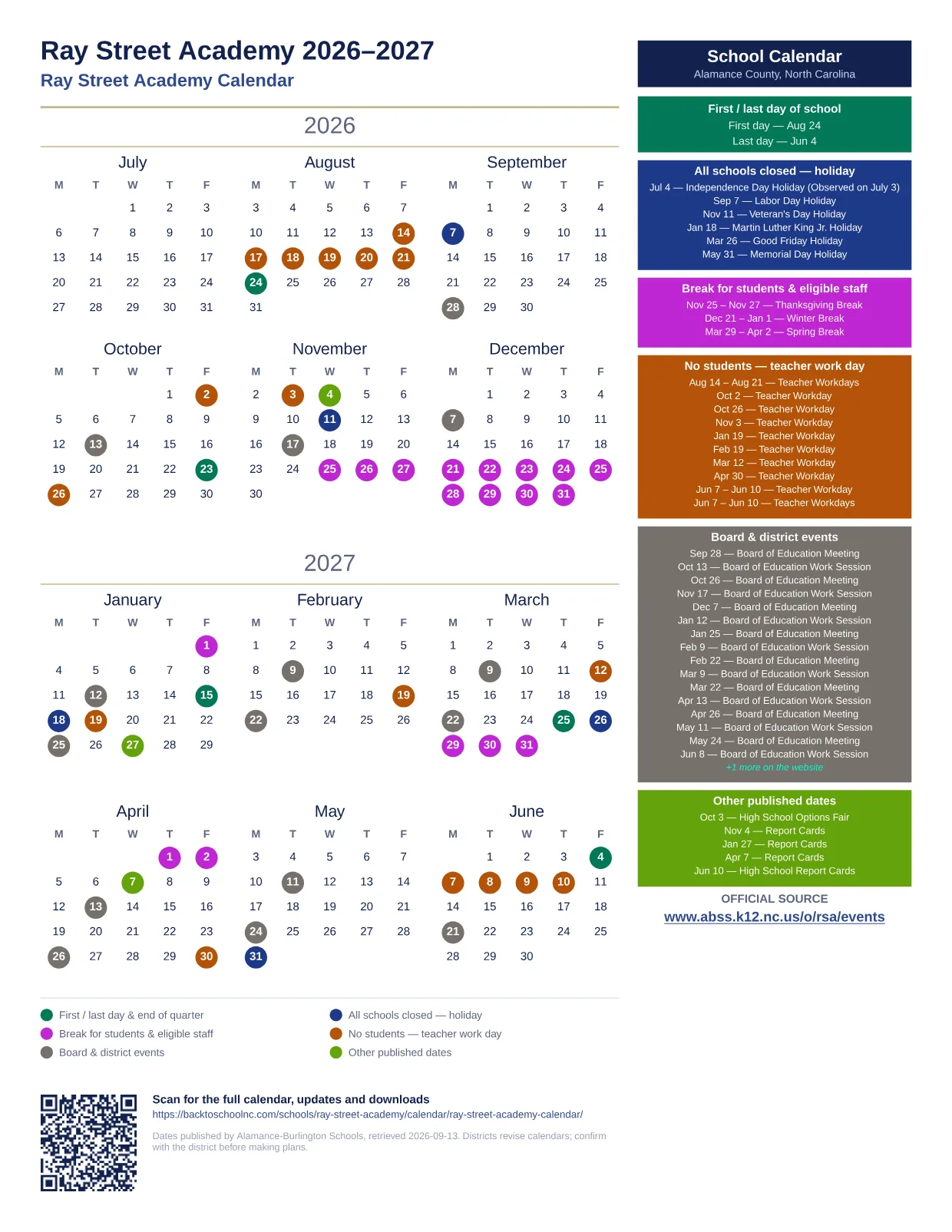 Ray Street Academy 2026–2027 printable calendar