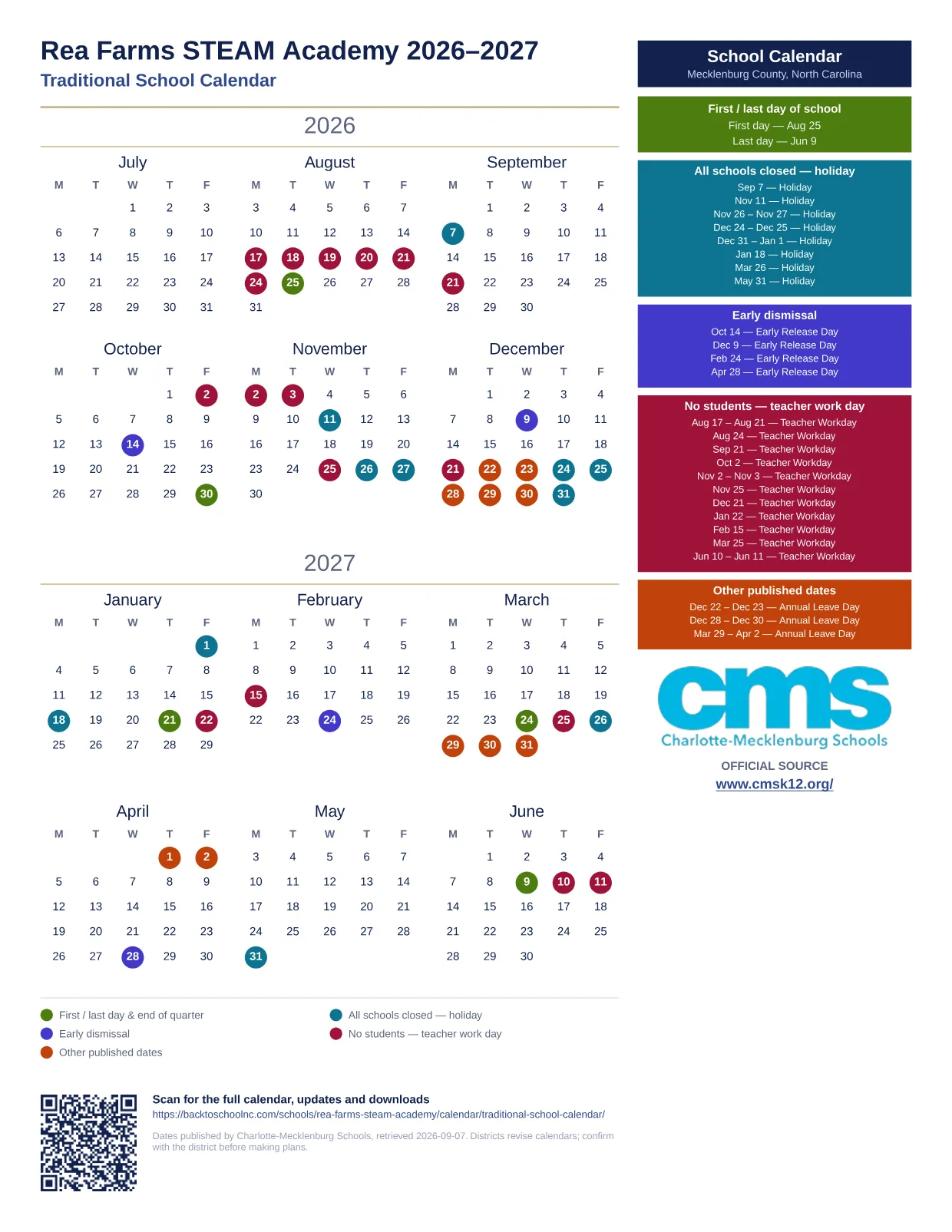 Rea Farms STEAM Academy 2026–2027 printable calendar