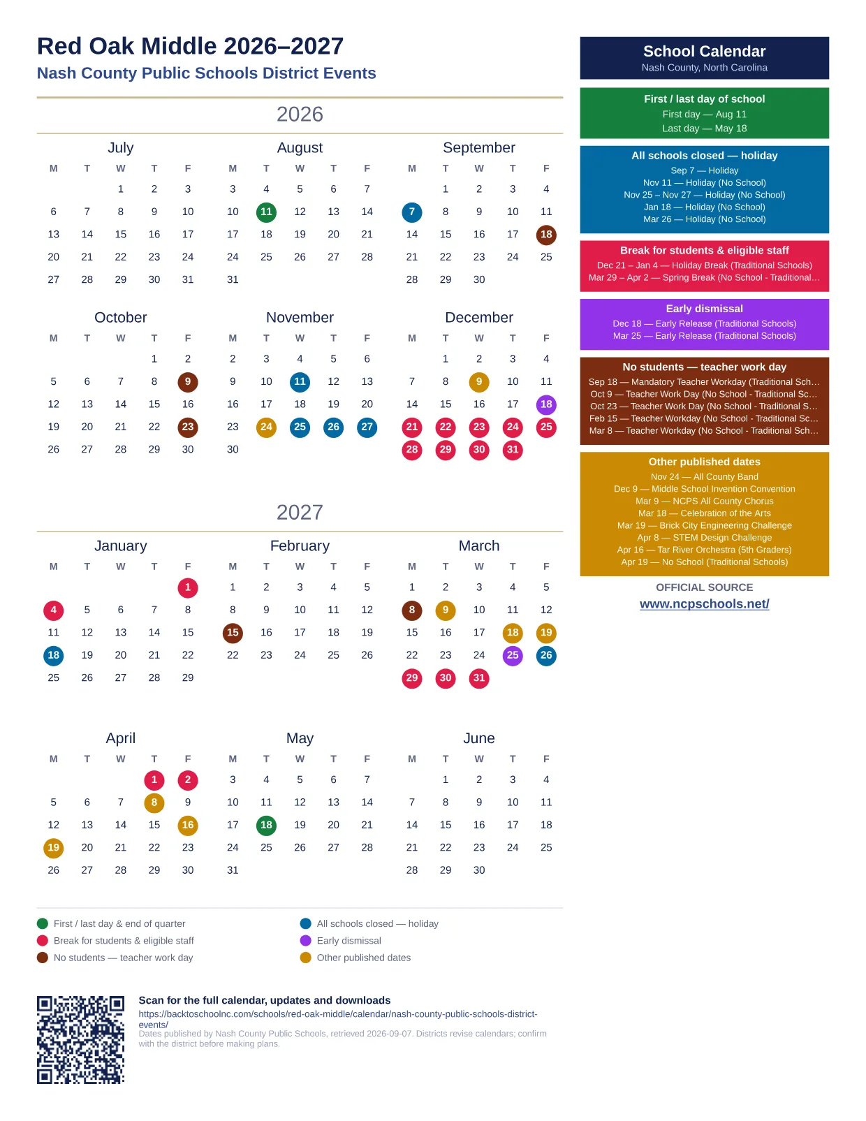 Red Oak Middle 2026–2027 printable calendar