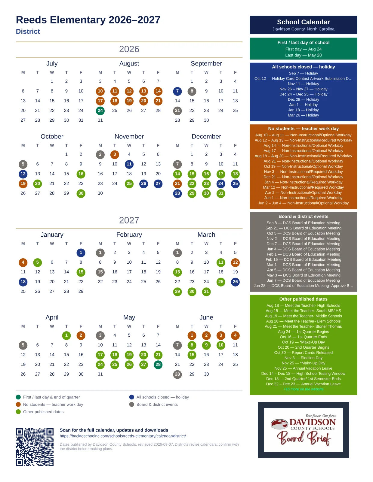 Reeds Elementary 2026–2027 printable calendar