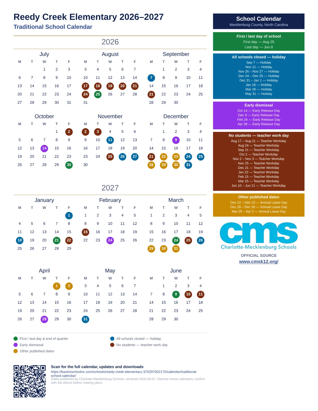 Reedy Creek Elementary 2026–2027 printable calendar