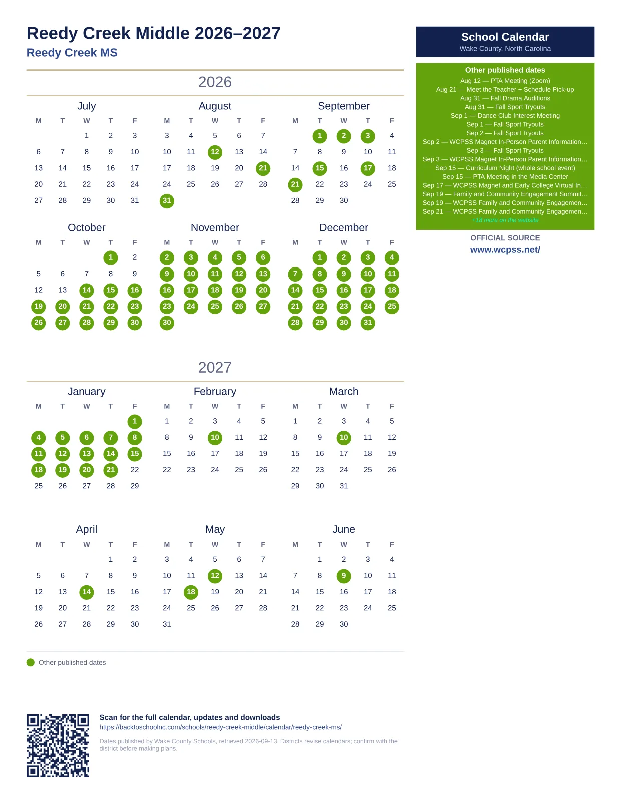 Reedy Creek Middle  printable calendar