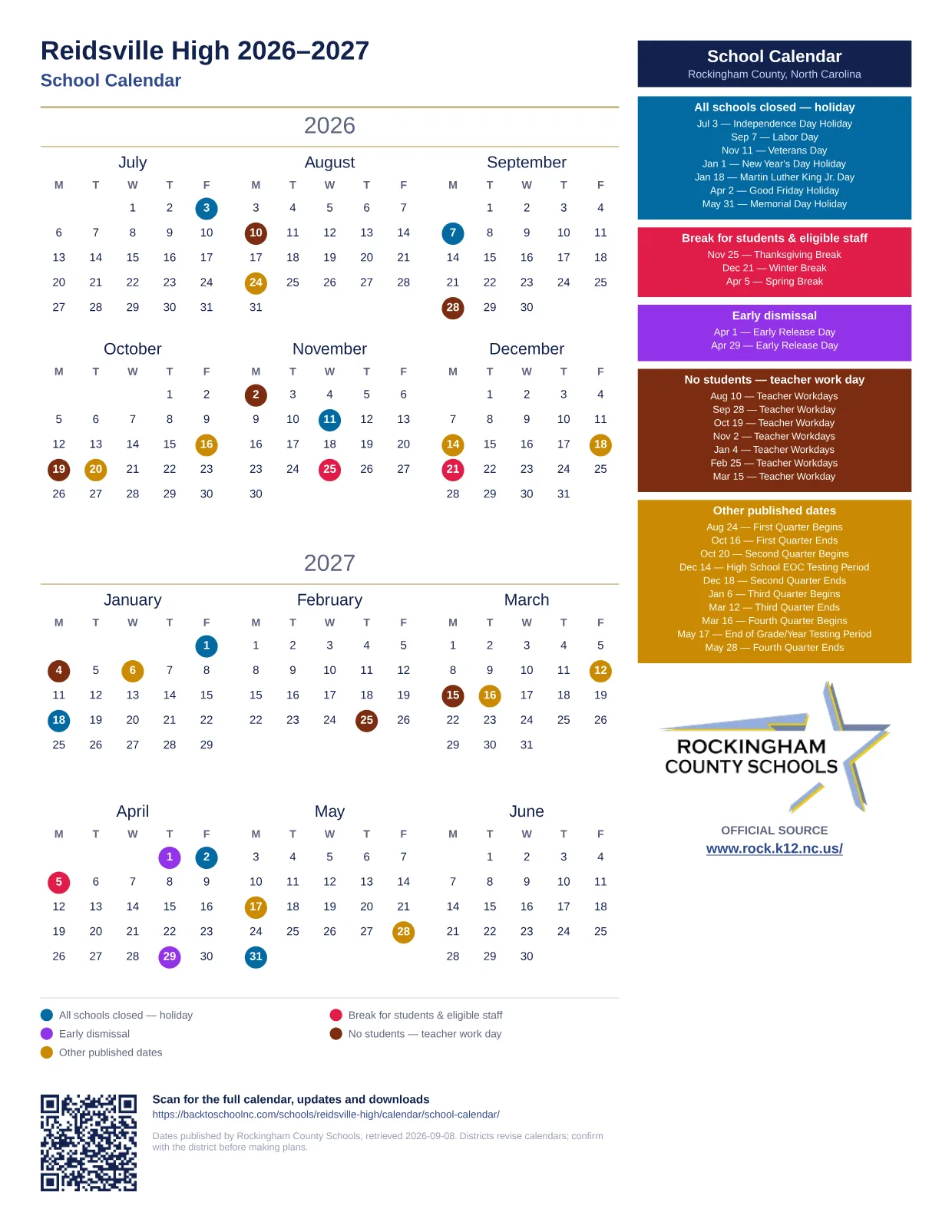 Reidsville High  printable calendar