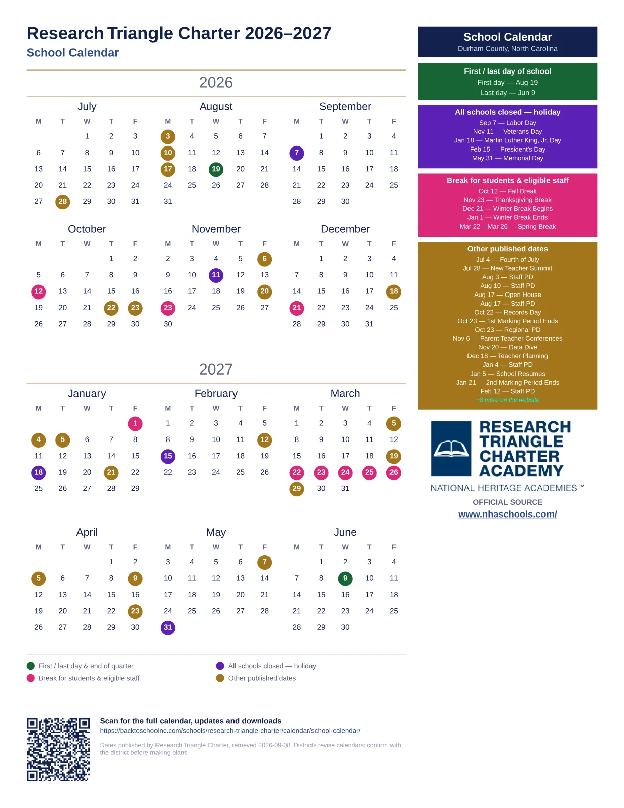 Research Triangle Charter School Calendar 2026–2027 printable calendar