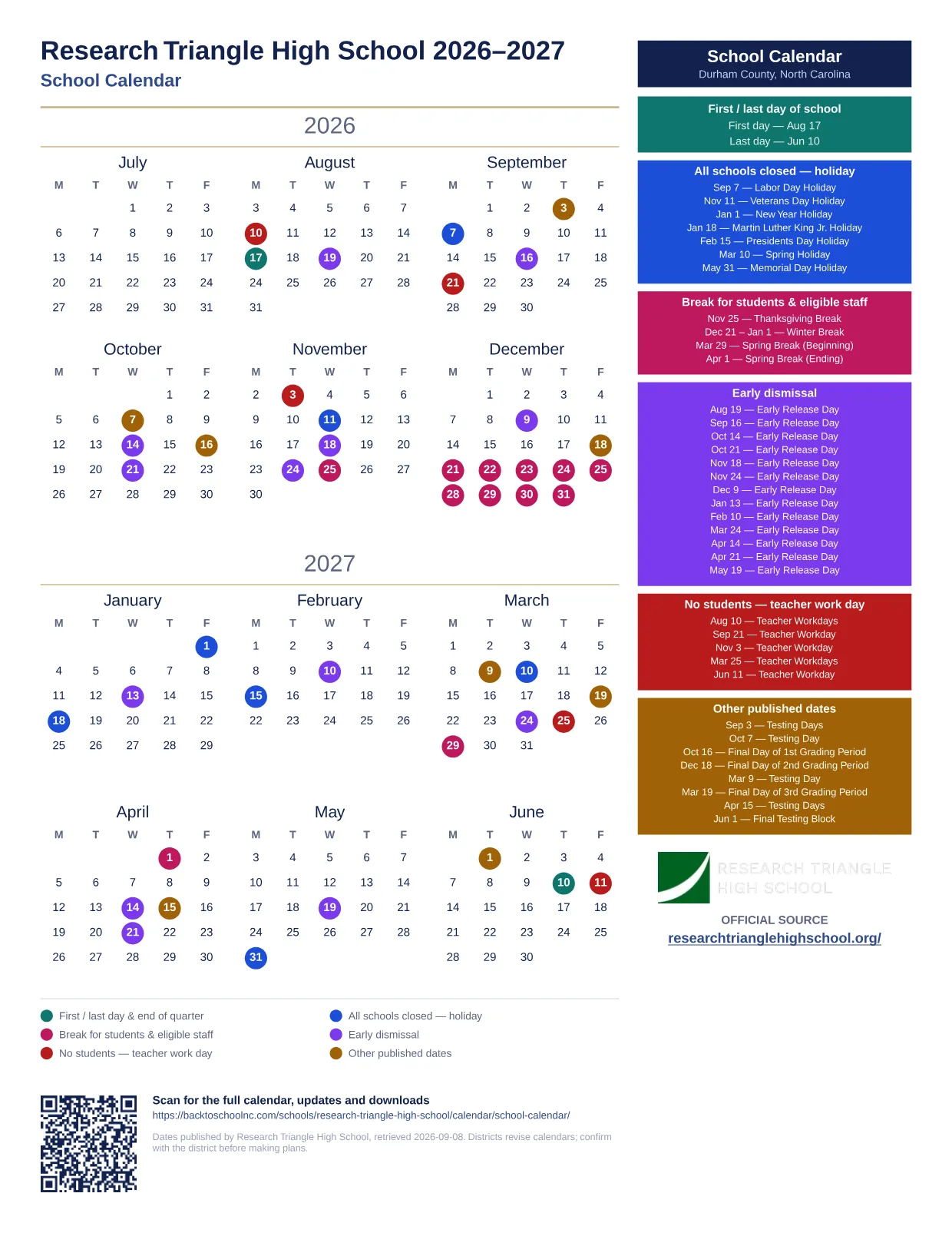 Research Triangle High School School Calendar 2026–2027 printable calendar