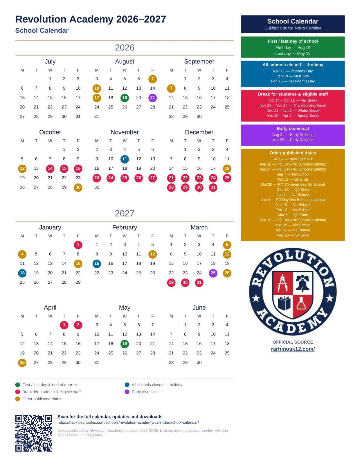 Revolution Academy School Calendar 2026–2027 printable calendar