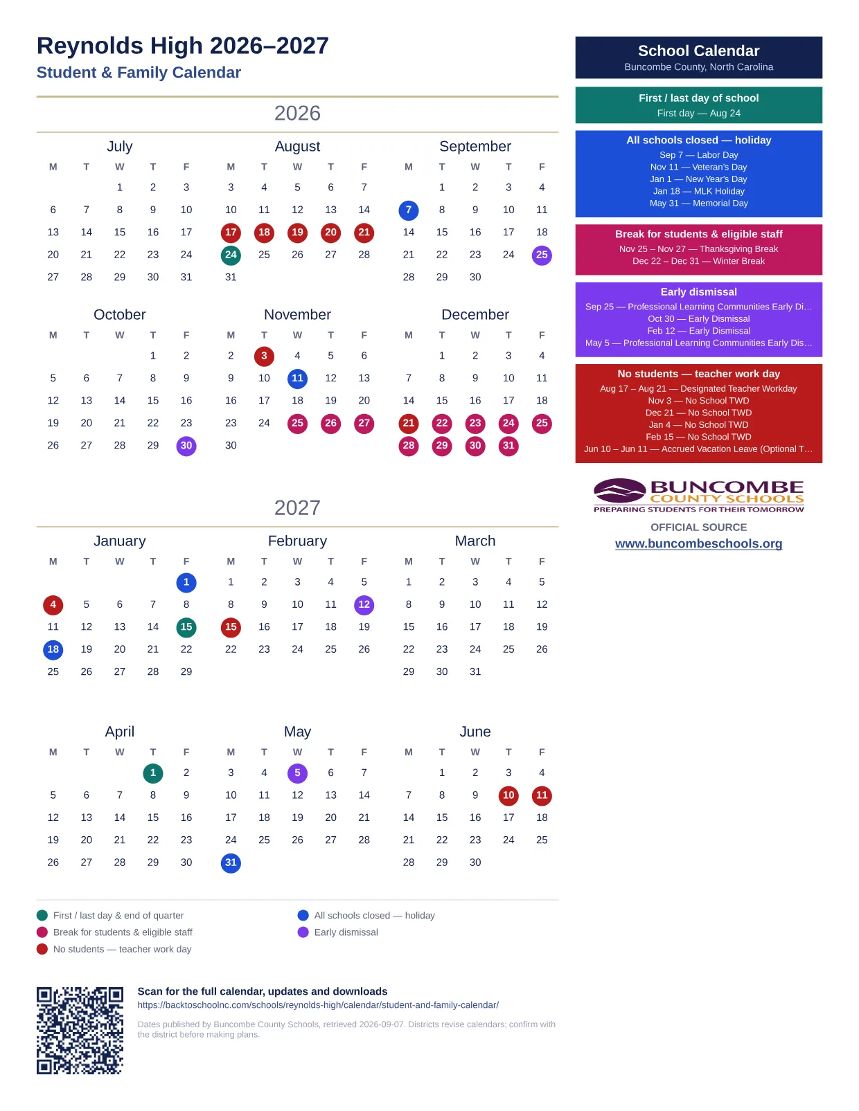 Reynolds High  printable calendar