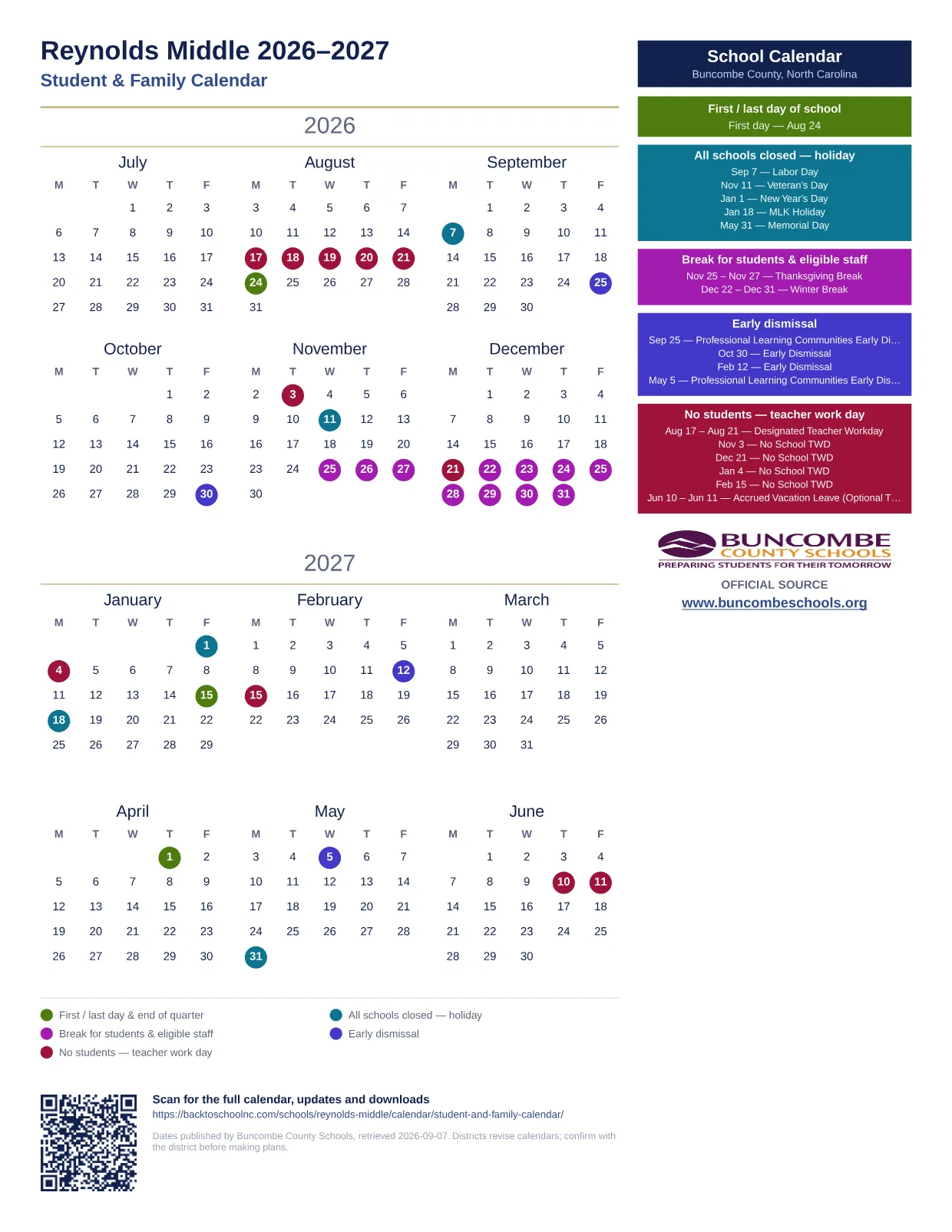 Reynolds Middle  printable calendar