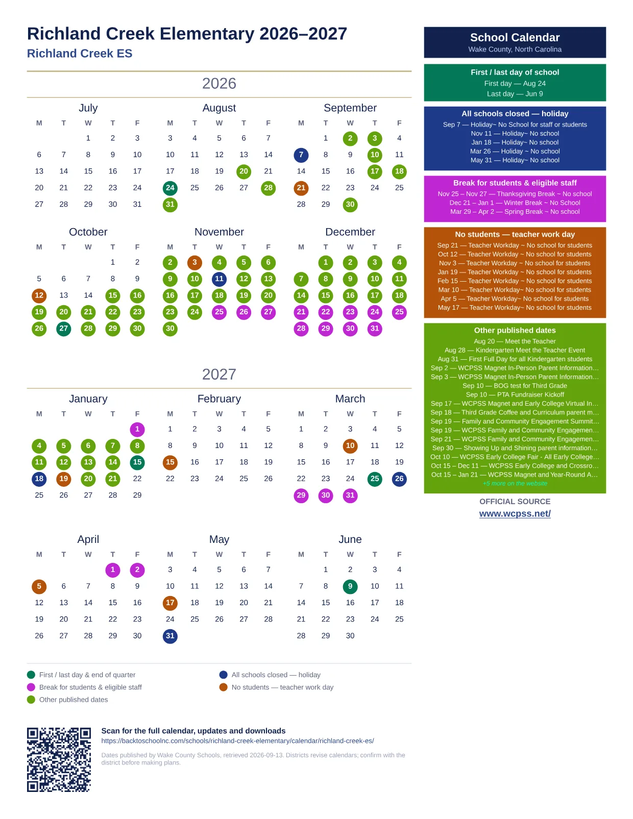 Richland Creek Elementary 2026–2027 printable calendar