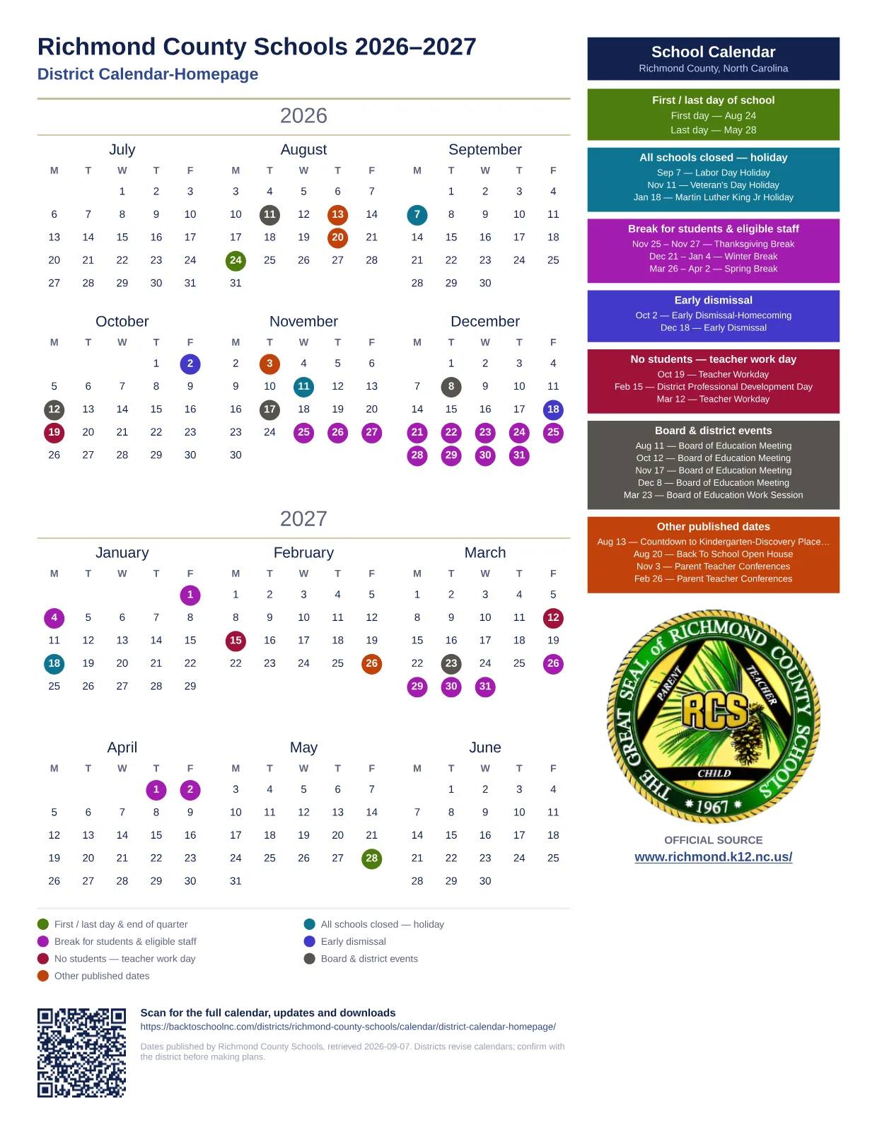 Richmond County Schools District Calendar-Homepage 2026–2027 printable calendar