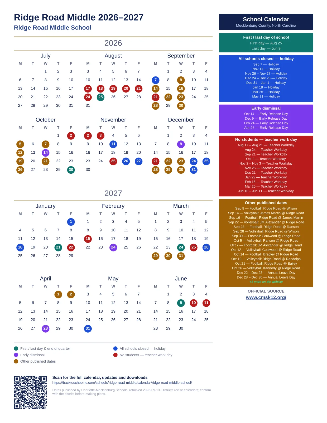 Ridge Road Middle 2026–2027 printable calendar