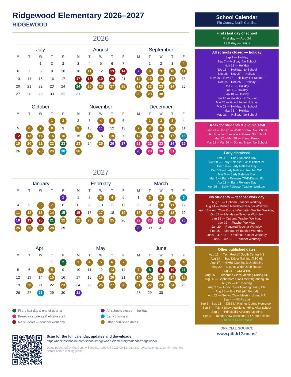 Ridgewood Elementary 2026–2027 printable calendar