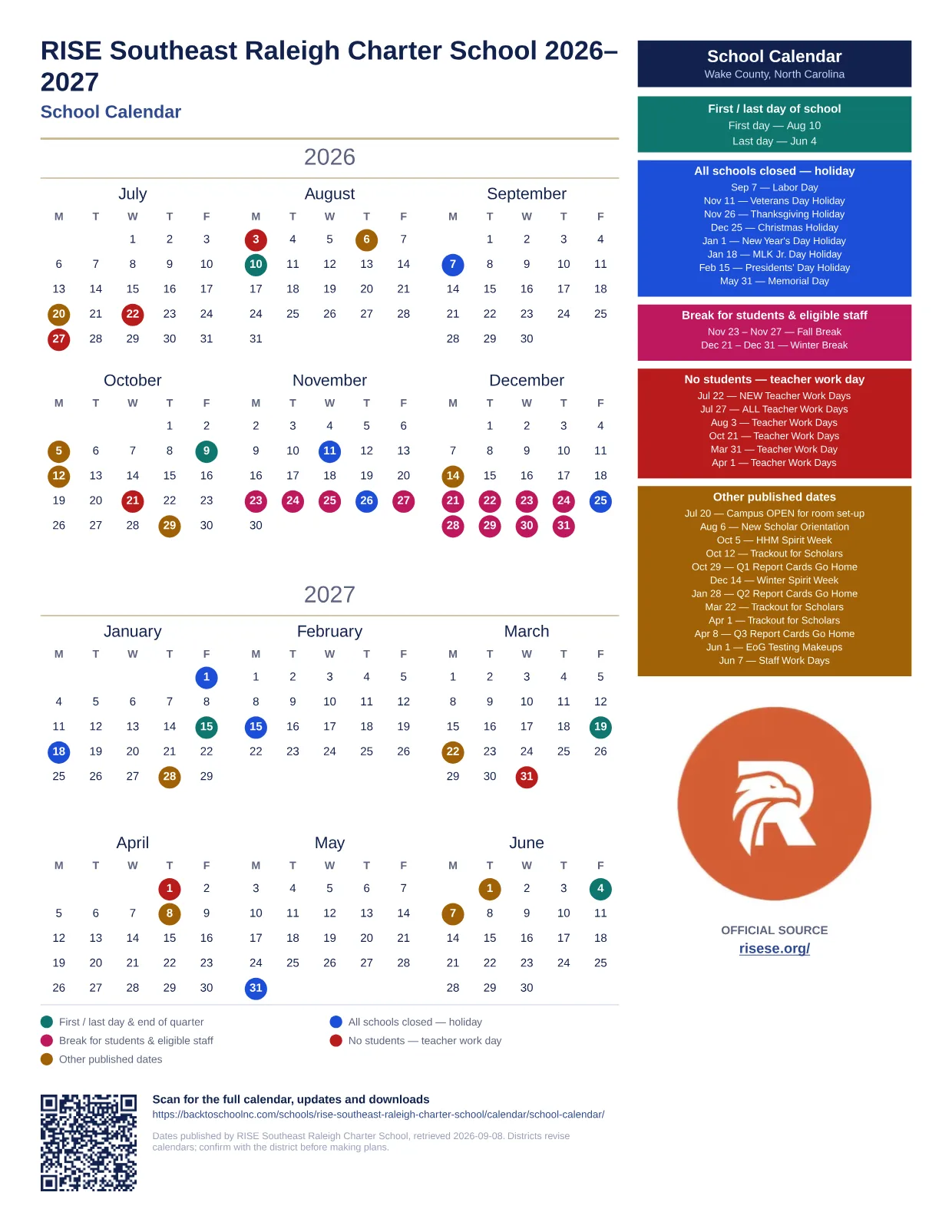 RISE Southeast Raleigh Charter School School Calendar 2026–2027 printable calendar