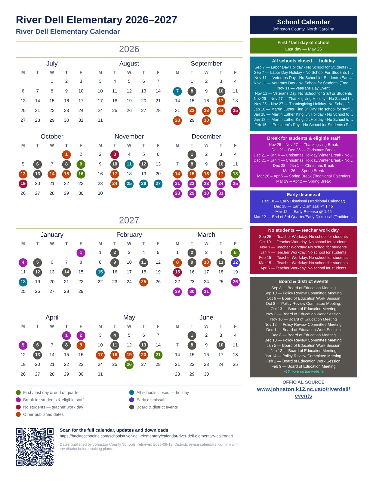 River Dell Elementary printable calendar