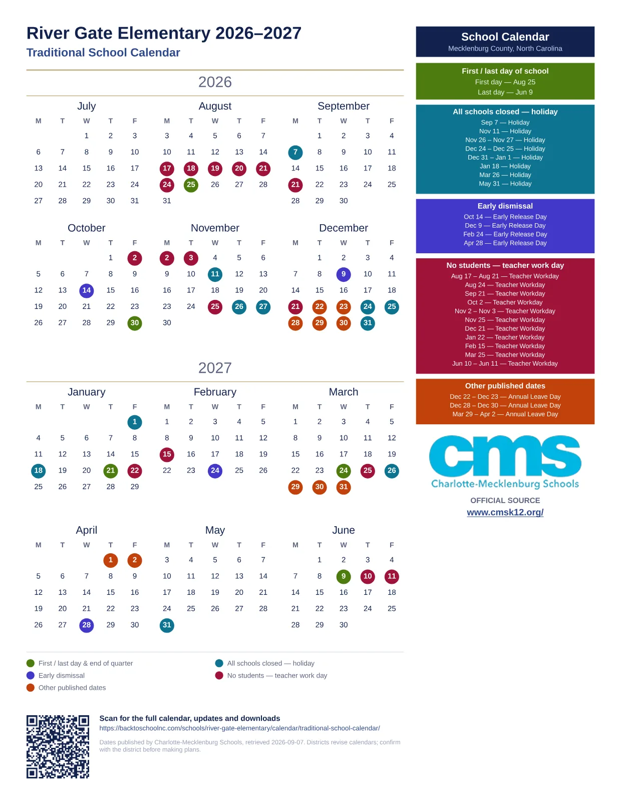 River Gate Elementary 2026–2027 printable calendar