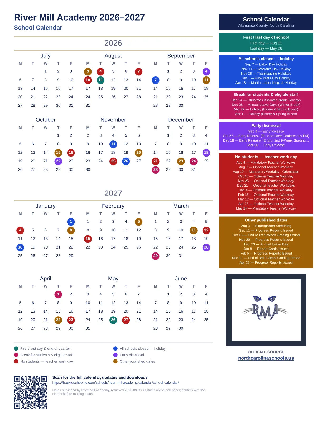 River Mill Academy School Calendar 2026–2027 printable calendar