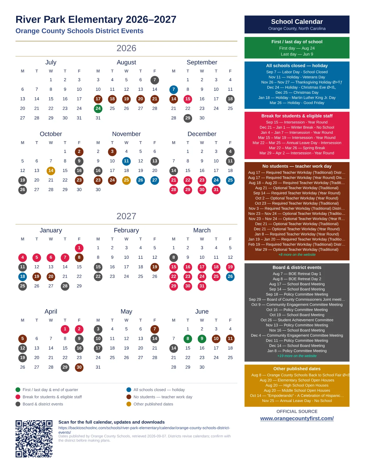 River Park Elementary 2026–2027 printable calendar