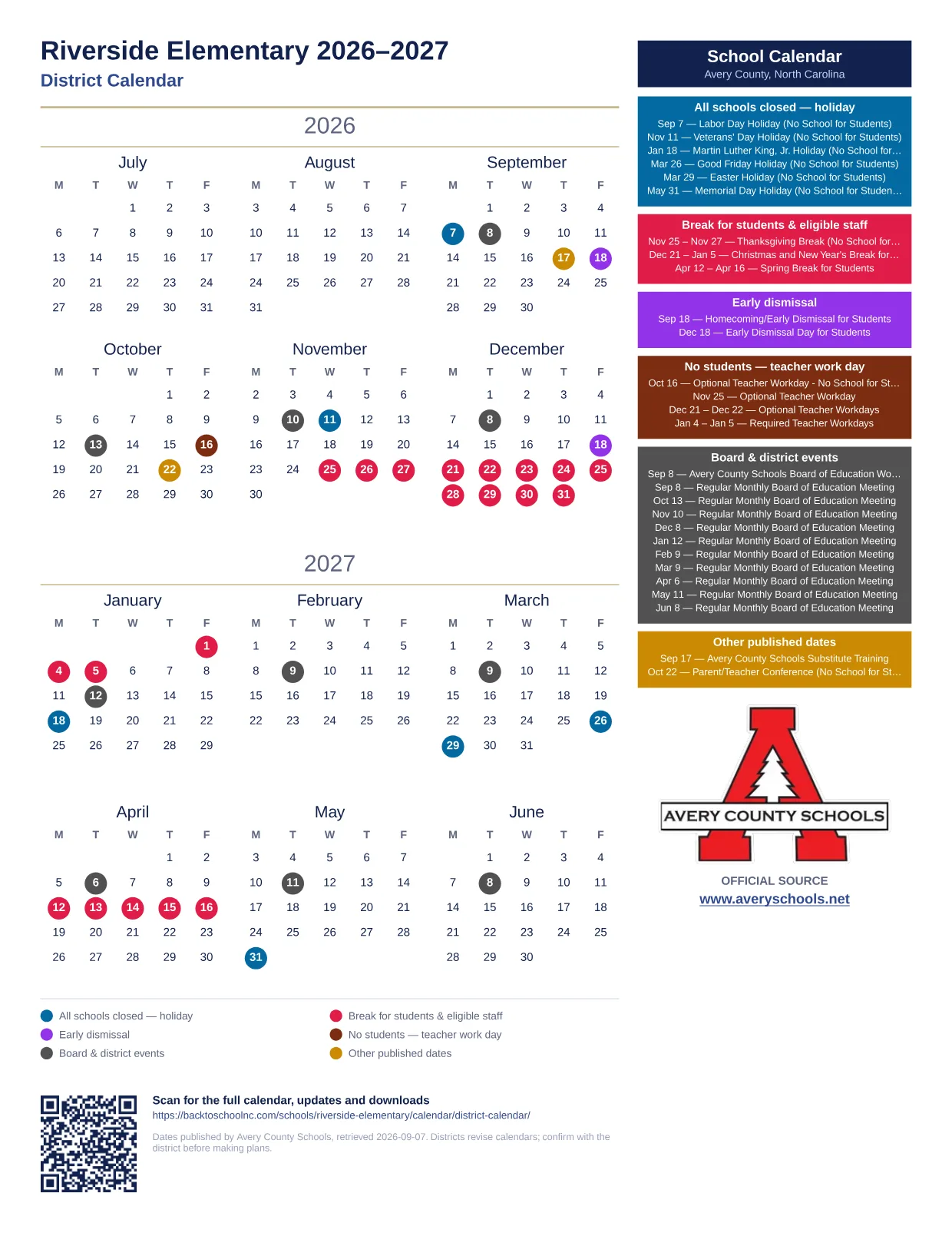 Riverside Elementary printable calendar