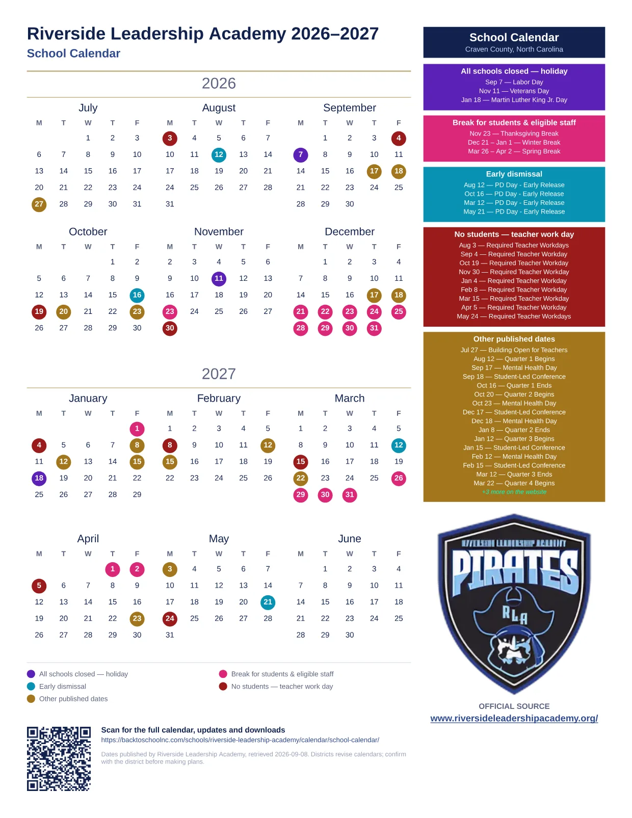 Riverside Leadership Academy School Calendar  printable calendar