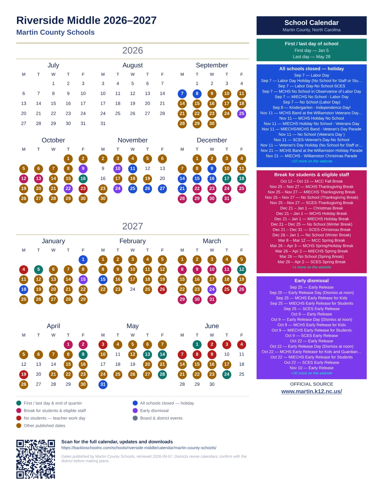 Riverside Middle 2027–2028 printable calendar