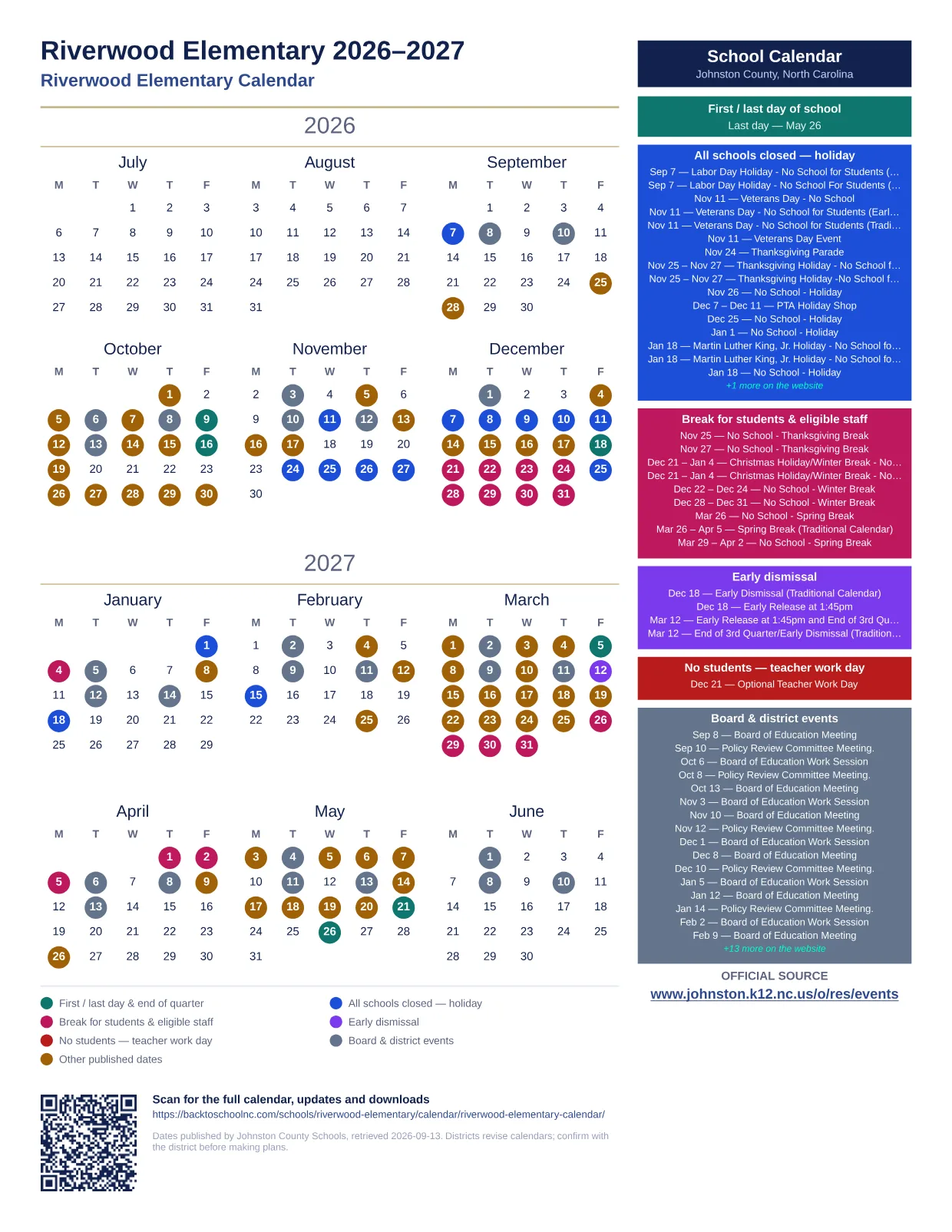 Riverwood Elementary printable calendar