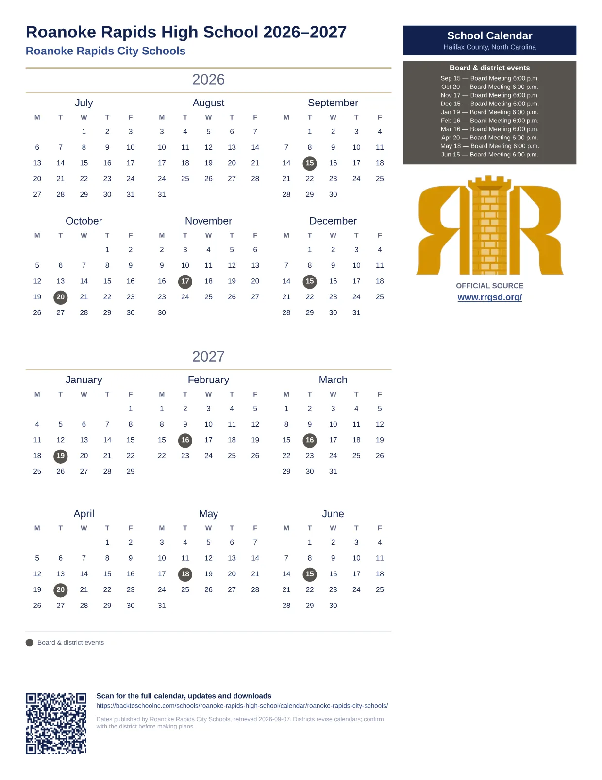 Roanoke Rapids High School printable calendar