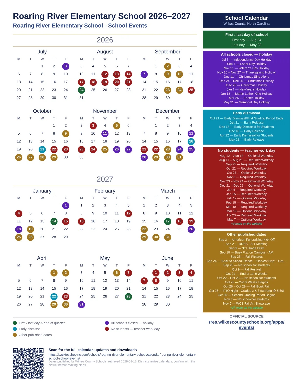Roaring River Elementary School 2026–2027 printable calendar