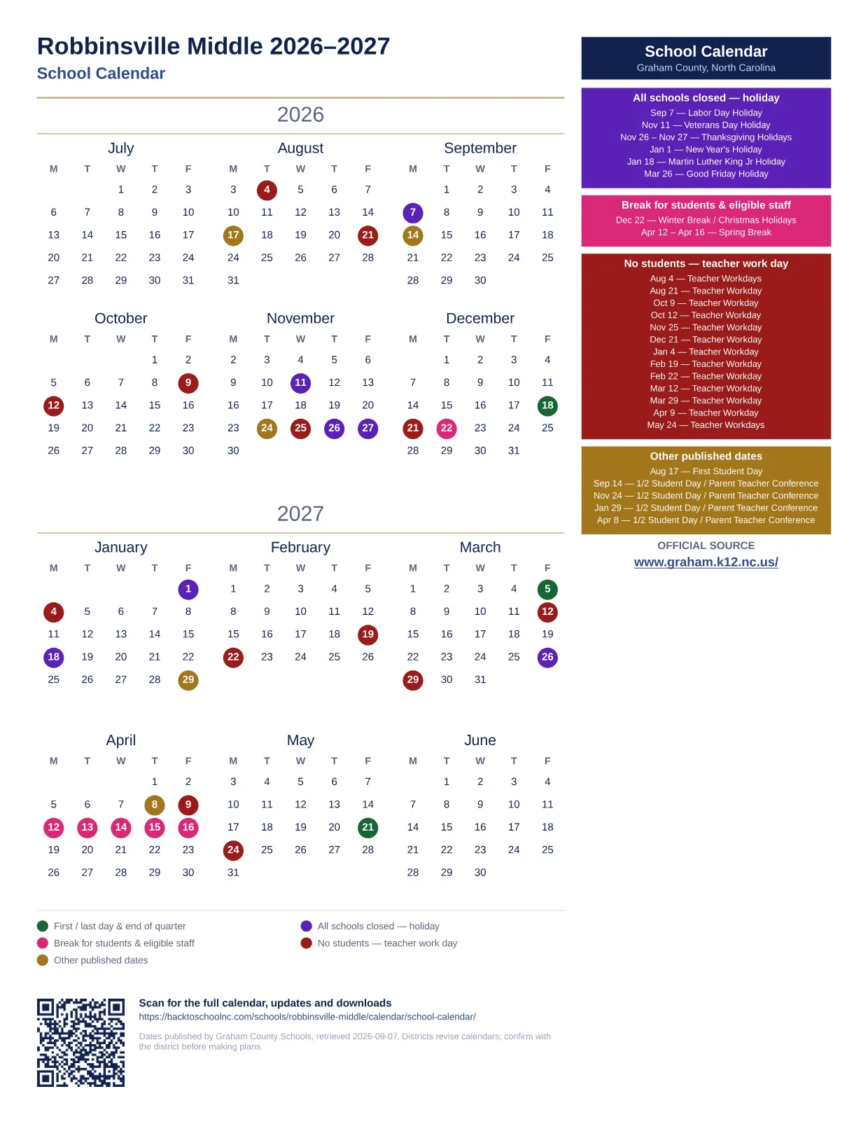 Robbinsville Middle printable calendar