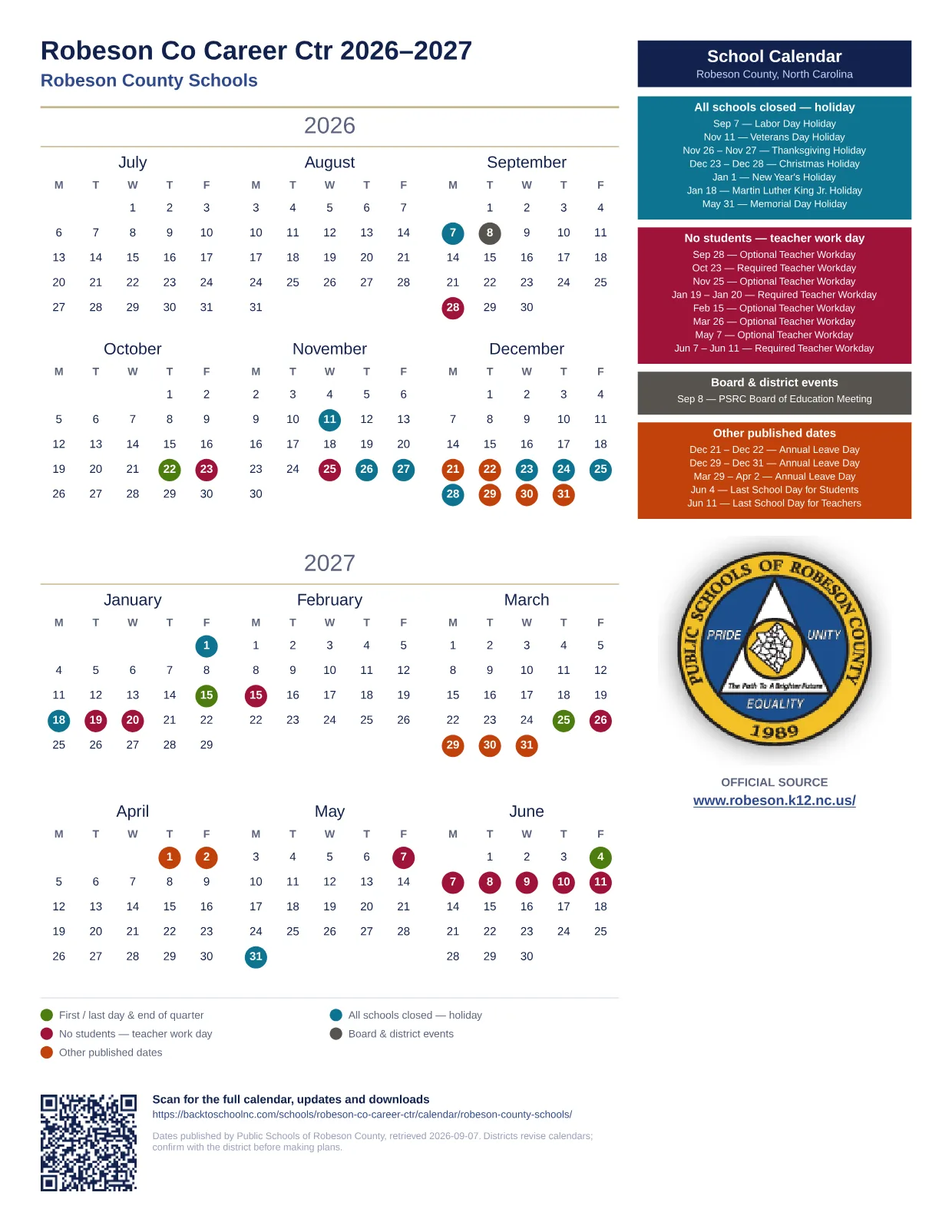Robeson Co Career Ctr printable calendar