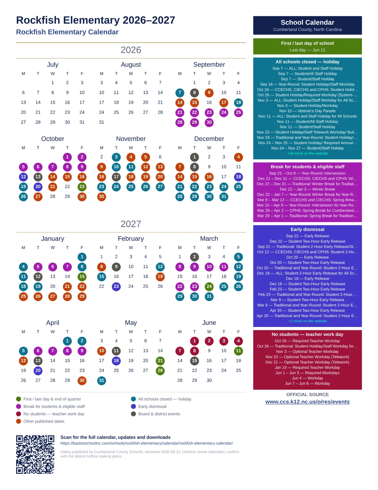 Rockfish Elementary  printable calendar