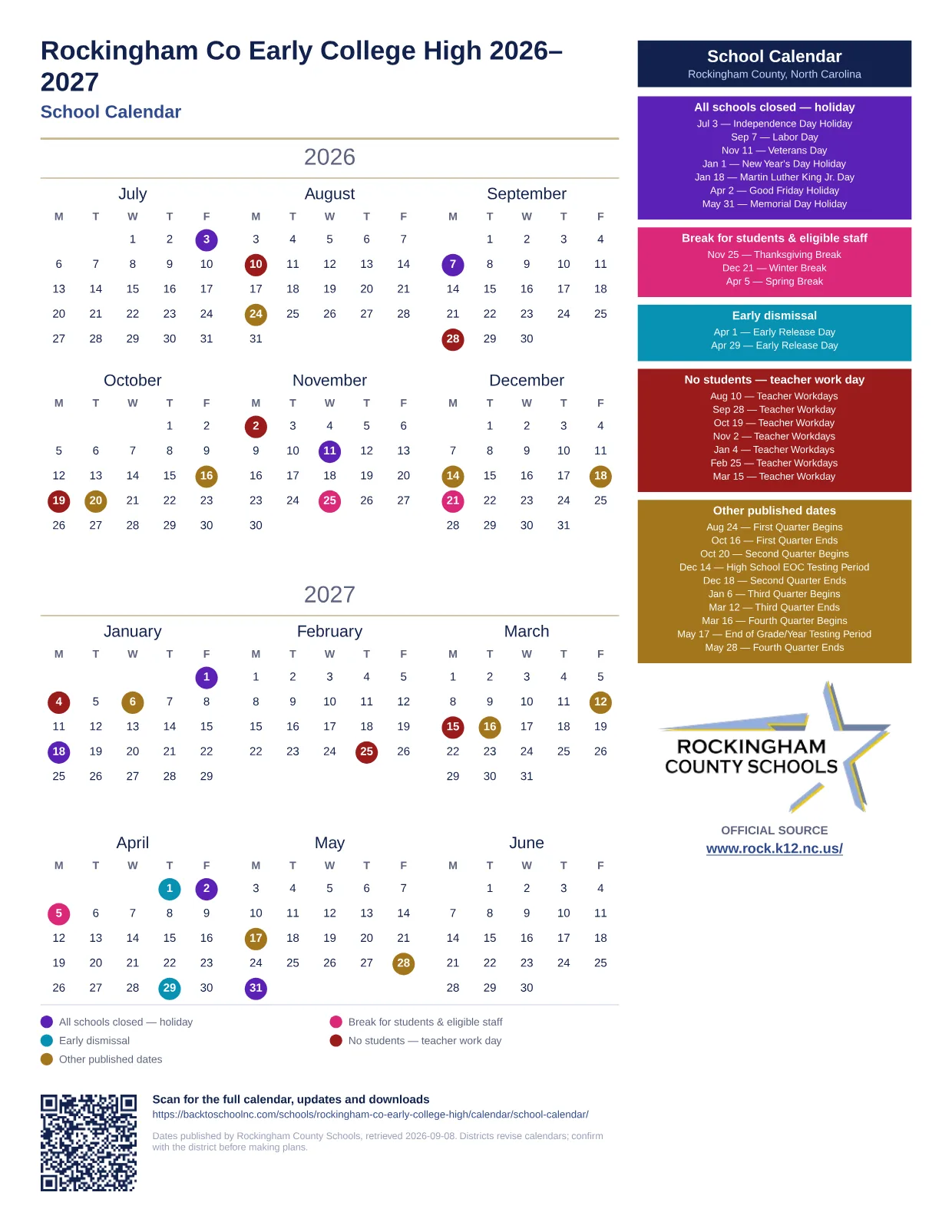 Rockingham Co Early College High  printable calendar