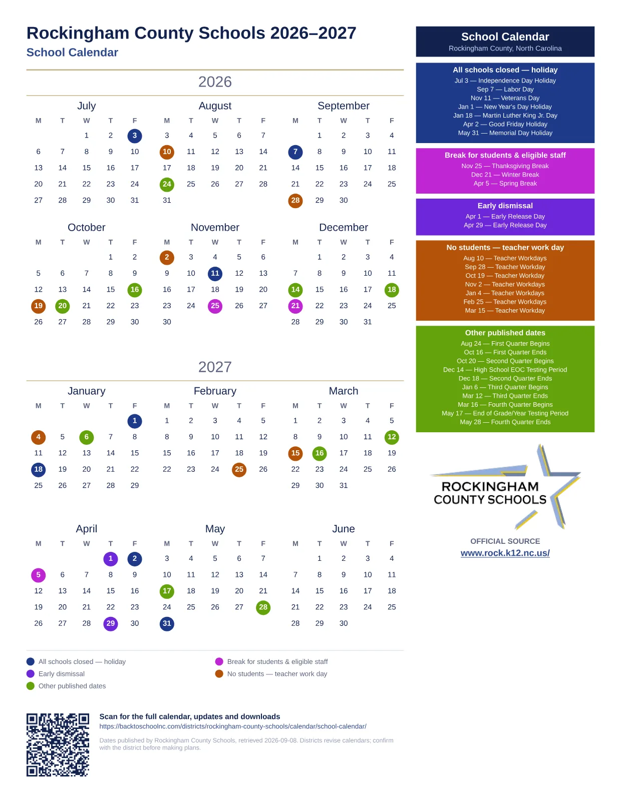 Rockingham County Schools School Calendar  printable calendar