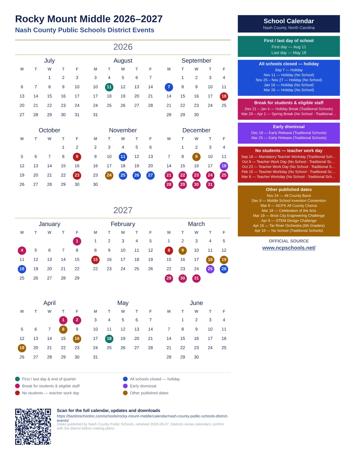 Rocky Mount Middle 2026–2027 printable calendar