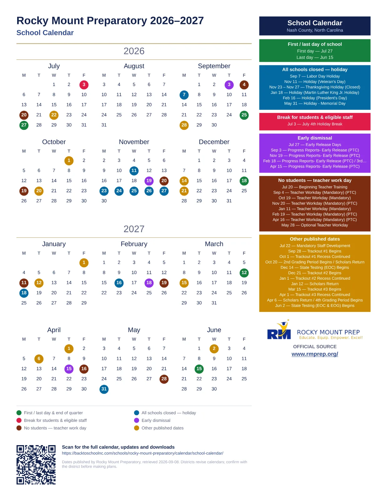 Rocky Mount Preparatory School Calendar 2026–2027 printable calendar