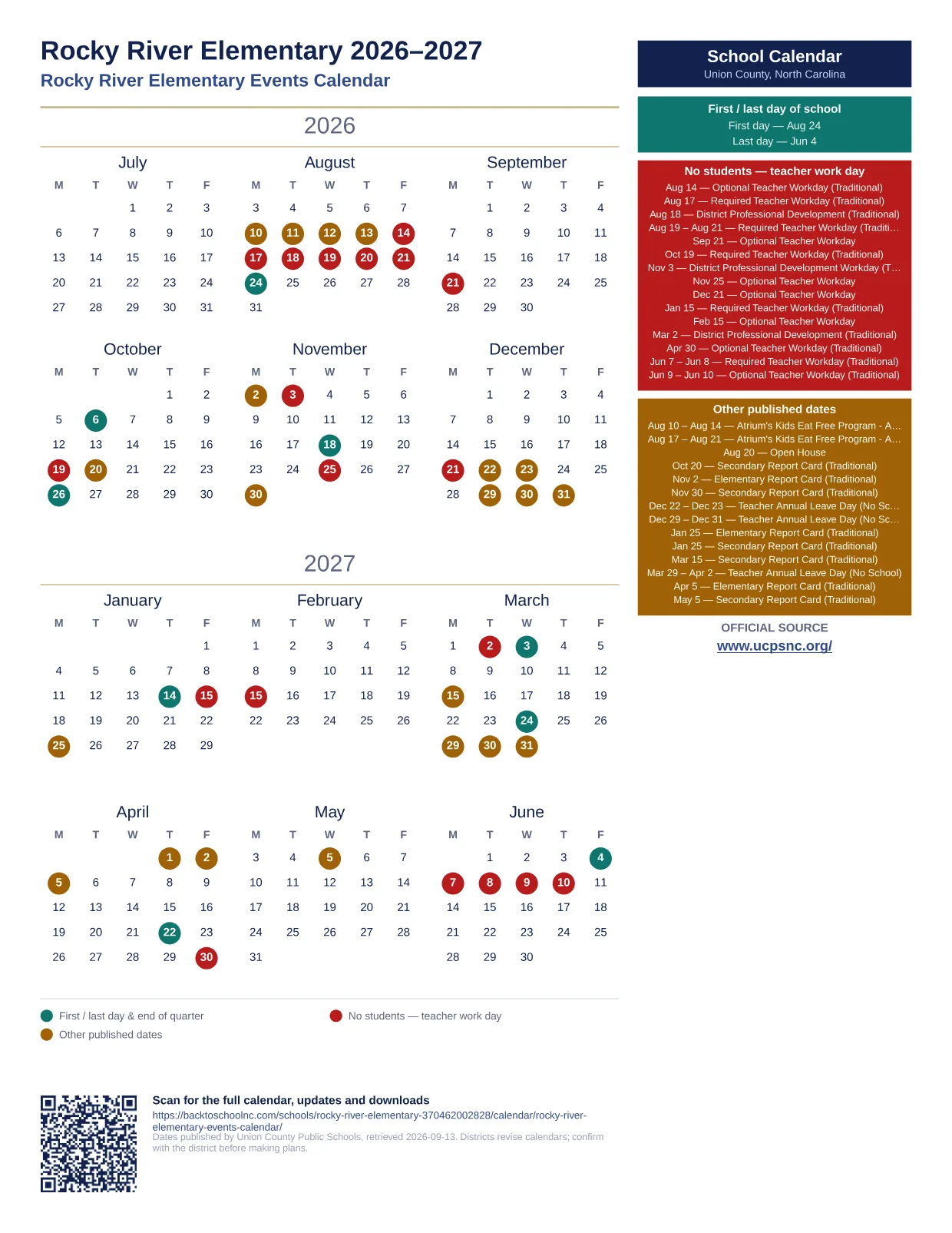 Rocky River Elementary 2026–2027 printable calendar