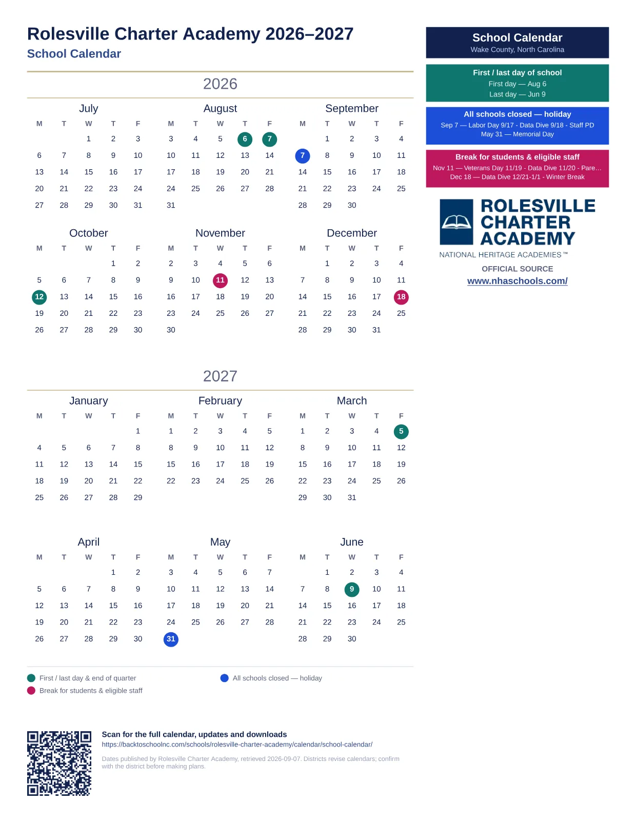 Rolesville Charter Academy School Calendar 2026–2027 printable calendar
