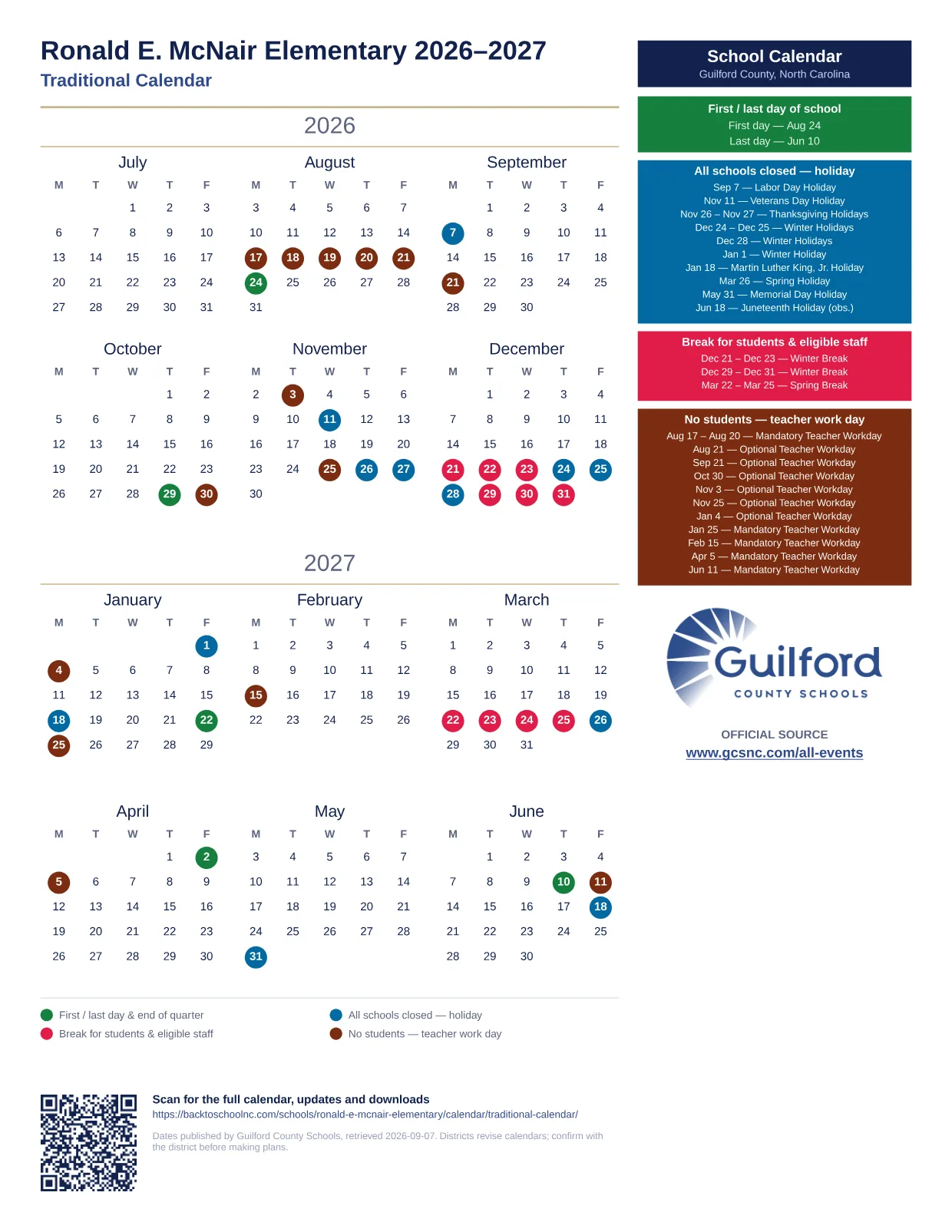 Ronald E. McNair Elementary 2026–2027 printable calendar