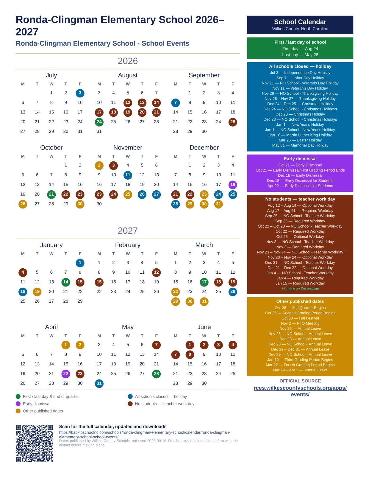 Ronda-Clingman Elementary School 2026–2027 printable calendar