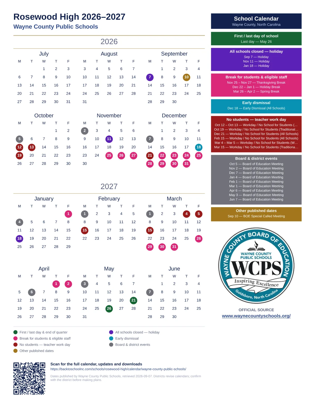 Rosewood High  printable calendar
