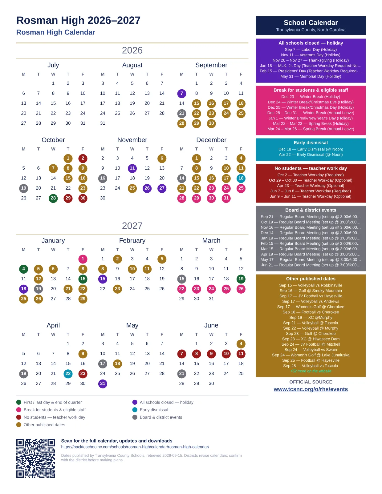 Rosman High printable calendar
