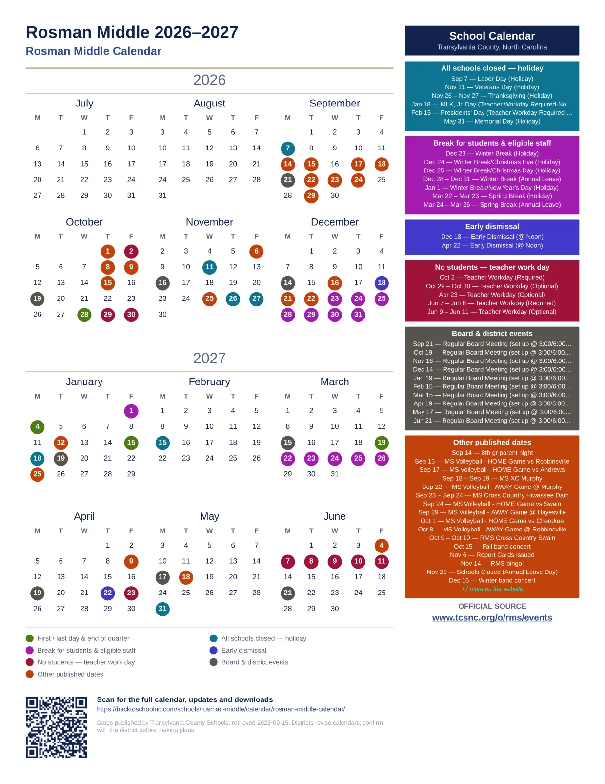 Rosman Middle printable calendar