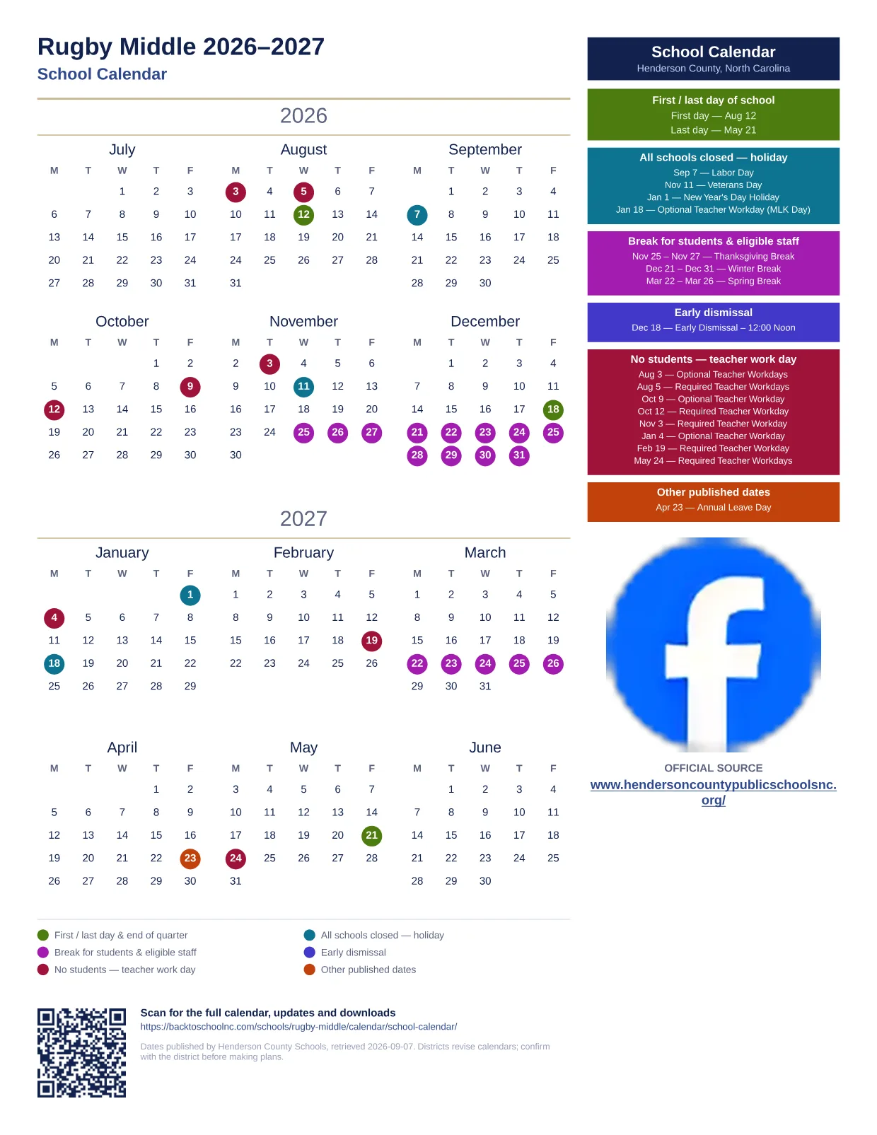 Rugby Middle 2026–2027 printable calendar